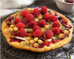 Raspberry Pizza, Caramelized Macadamias from Del Alba and Brie Cheese.